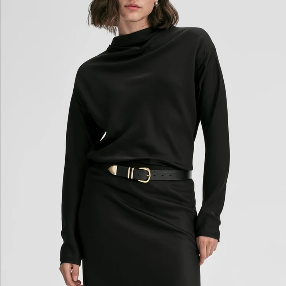 ALC Georgia Satin Top Elegant Black Silk Viscose Long Sleeved Blouse
